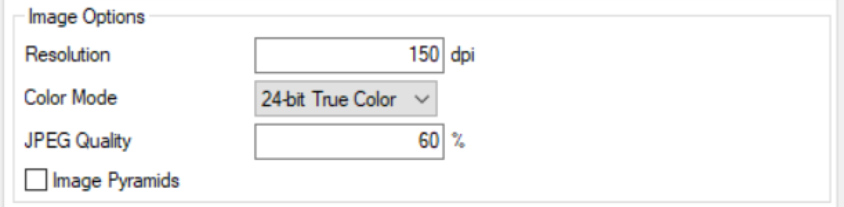 The Image Options section of the Export dialog box.