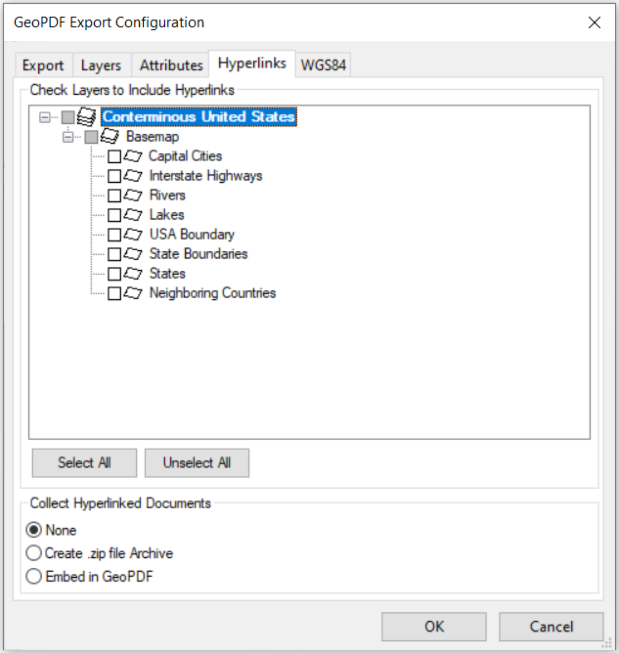 The Hyperlinks tab of the Export Configuration dialog box