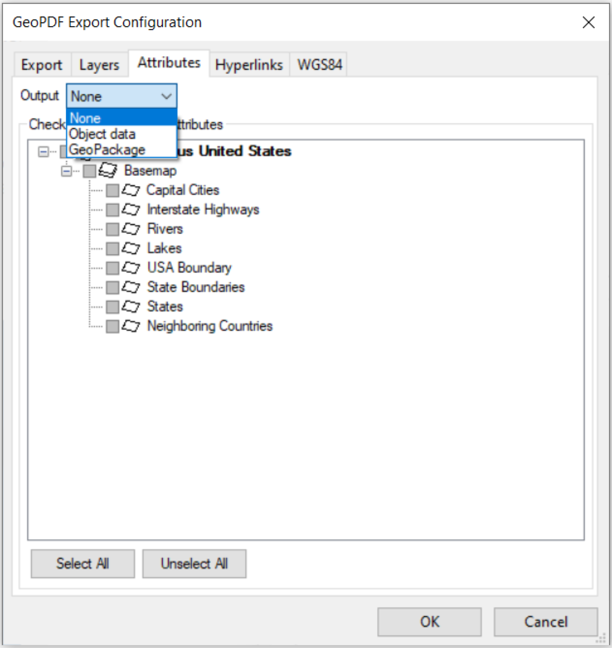 The Attributes tab of the Export Configuration dialog with the Output drop-down menu expanded.