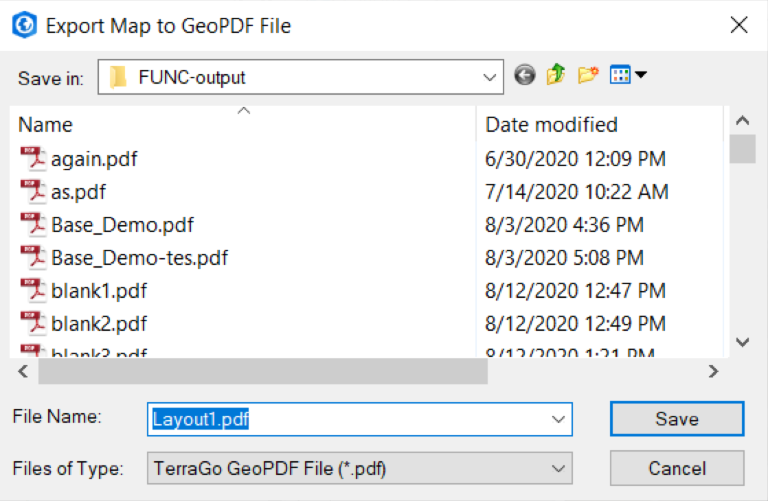 The GeoPDF Export window. At the top is a drop-down navigator with the label 