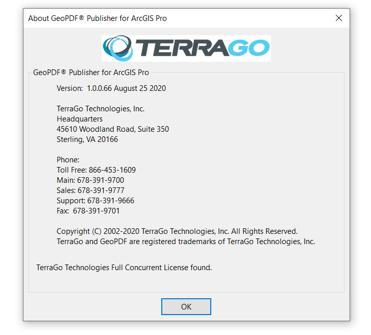 The About box with information about TerraGo and teh product, including version, copyright, and contact information for TerraGo Technologies.