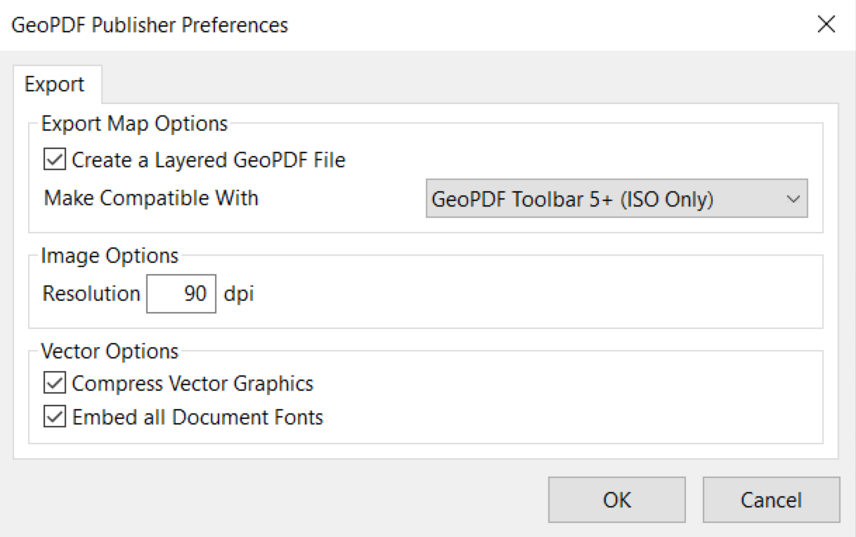 The GeoPDF Publisher Preferences window.