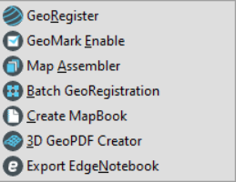 The Composer menu, which contains the following 7 menu items--GeoRegister, GeoMark Enable, Map Assembler, Batch GeoRegistration, Create MapBook, 3D GeoPDF Creator, and Export EdgeNotebook