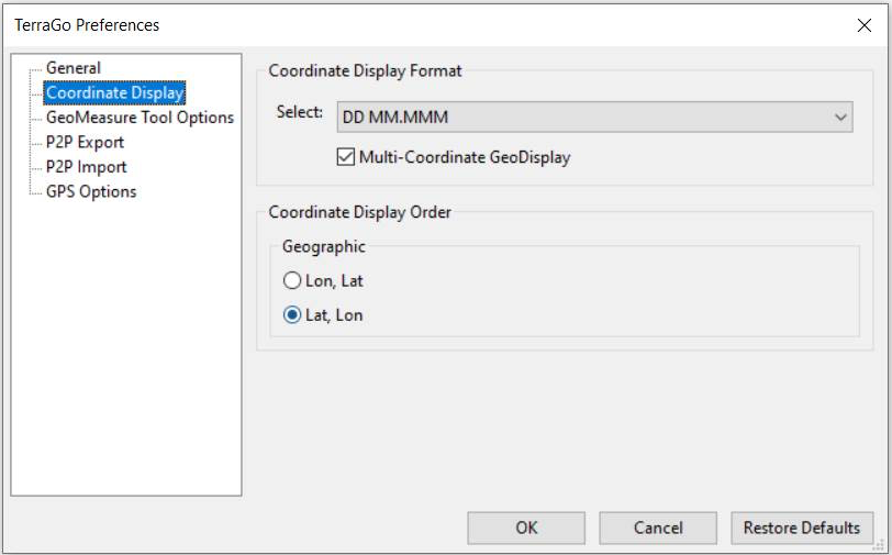 The Coordinate Display preferences box