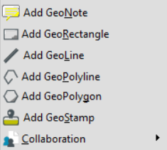 The GeoMark Toolbar with seven menu items--Add GeoNote, Add GeoRectangle, Add GeoLine, Add GeoPolyline, Add GeoPolygon, Add GeoStamp, and Collaboration