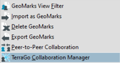 The TerraGo Collaboration menu, with the following 6 items--GeoMarks View Filter, Import as GeoMarks, Delete GeoMarks, Export GeoMarks, Peer-to-Peer Collaboration, TerraGo Collaboration Manager