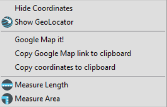 The GeoTool menu, which has the following items--Hide Coordinates, Show GeoLocator, Google Map it, Copy Google Map link to clipboard, Copy coordinates to clipboard, Measure Length, and Measure Area.