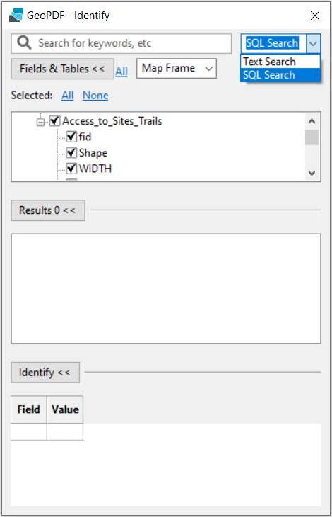 The Identify pane with the SQL Search feature expanded.
