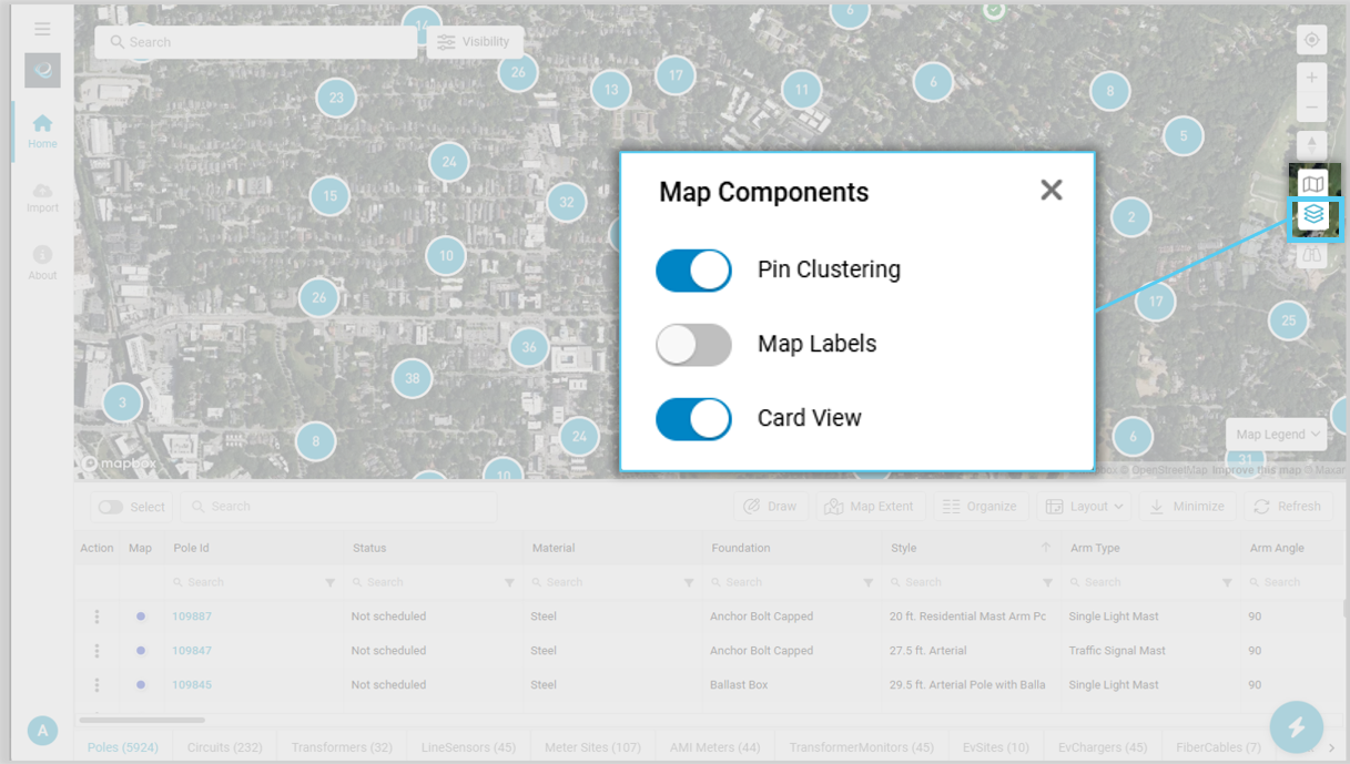 Map Components panel showing available toggle options