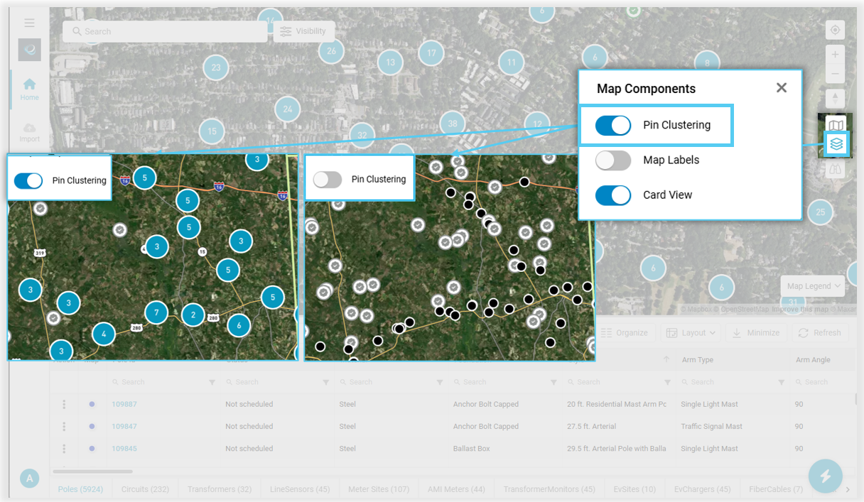 Pin Clustering toggle and clustered map pins