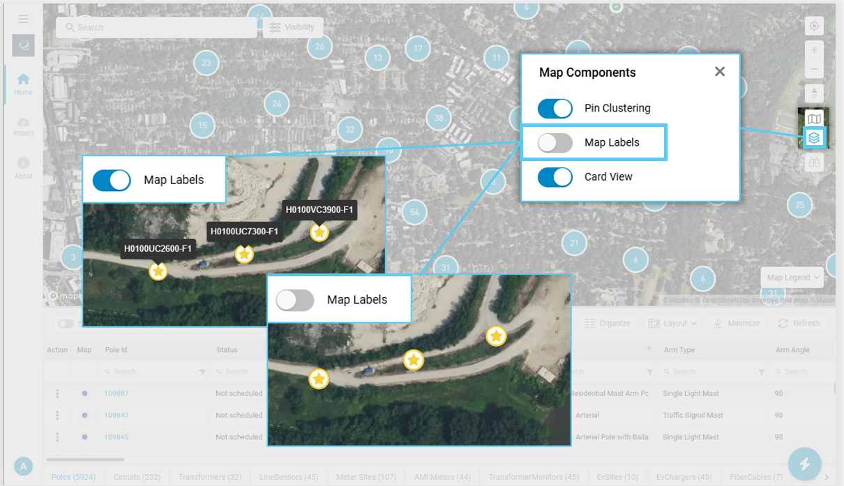 Map Labels toggle and labels displayed on the map