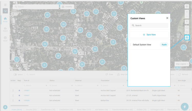 Custom Views panel opened from the Map Toolbar